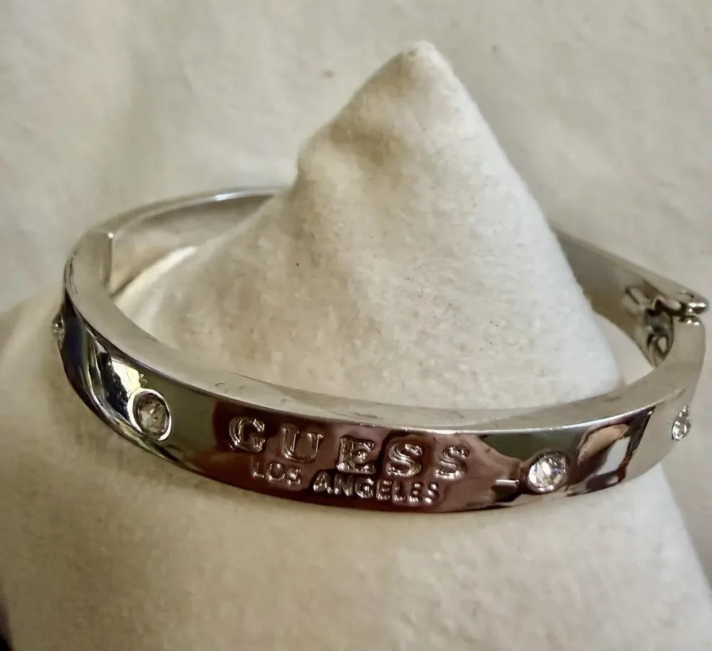 Guess Silver Logo Emblem Hinge Bangle Bracelet